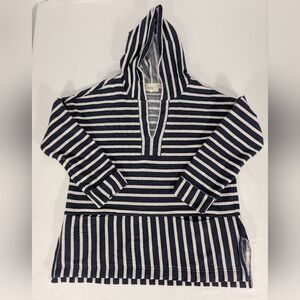 Melloday Striped Navy and White Hi-Lo Peplum Hoodie with Kangaroo Pocket Size XL